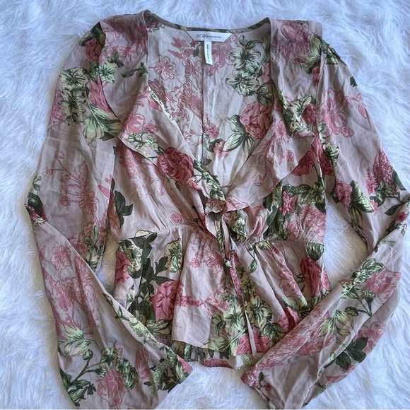 BCBGeneration Floral Print Pink Blouse Sheer w/ Tie - Picture 5 of 7